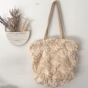 Anthropologie Textured Trellis Tote Bag in beige Boho Cream Purse